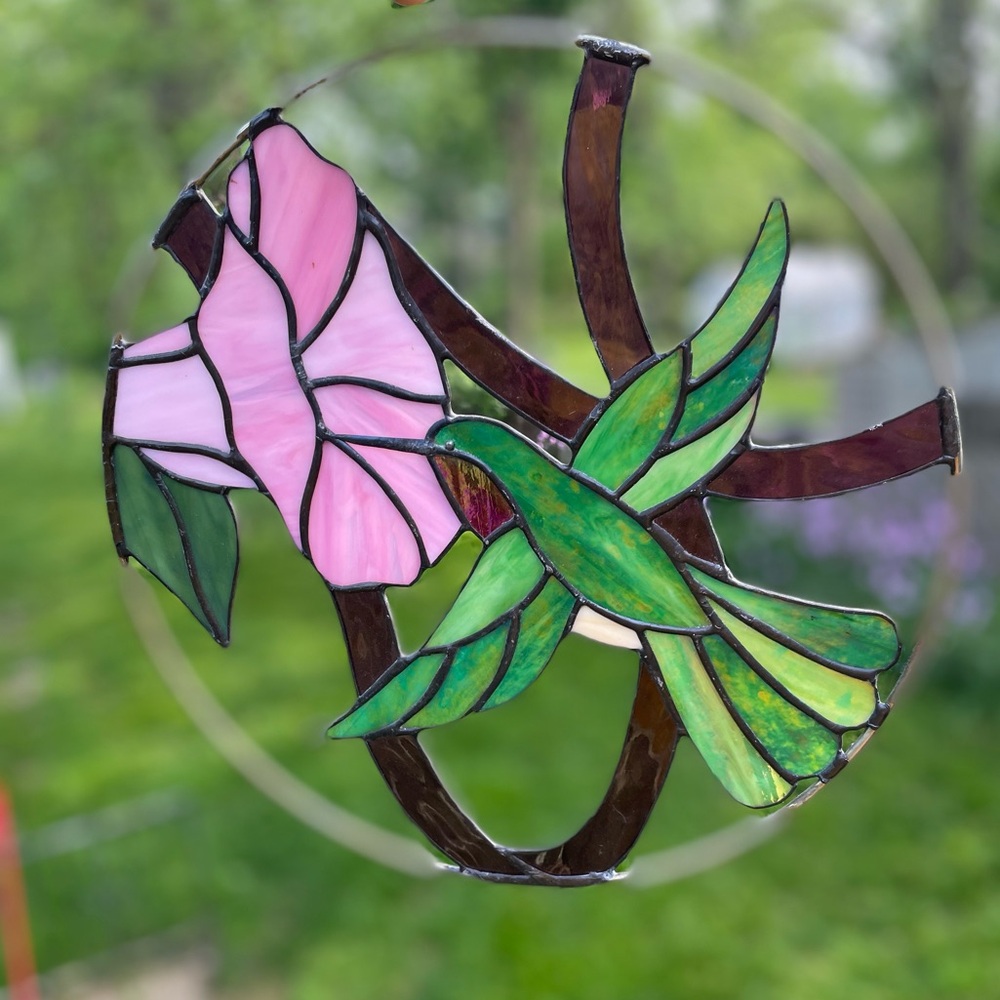 Stained Glass Hummingbird and Flower Art - Picture 2 of 6